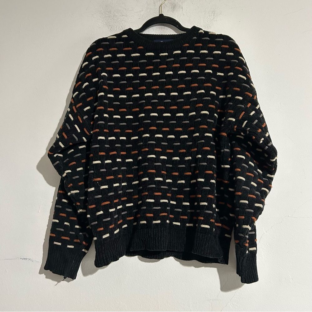 Vintage Textured Knit Rope Black Orange Crewneck Sweater Eclectic Grandpa